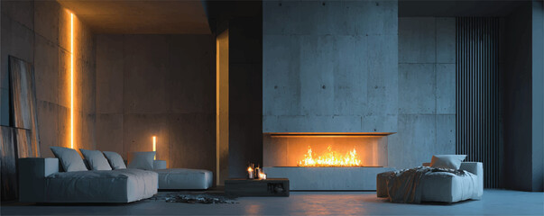 Modern Concrete Living Room with Fireplace and Ambient Lighting Design