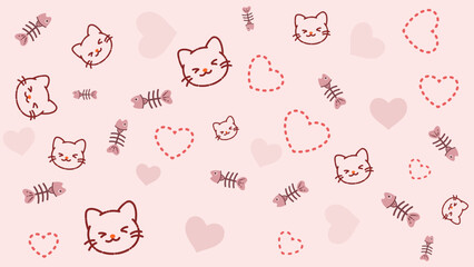 Minimal pink cat pattern with fish bones and hearts background. Perfect background for love themed pet products or romantic cat illustrations.