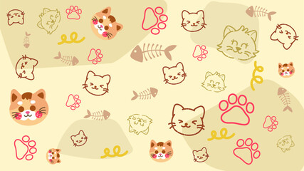 Yellow pattern background featuring various cat faces, paw prints, and motion fishbone patterns. Cheerful and bright concept suitable for pet care brands or children education