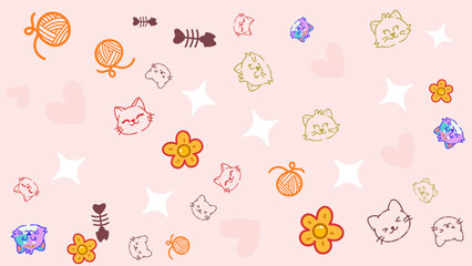 Playful line art cats and flowers with pink pastel shining background. Minimal and warm pattern ideal for cat brand promotions or cute pet shop visual identities.