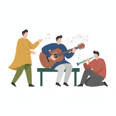 Group of Friends Playing Acoustic Guitar and Singing, Social Leisure Activity