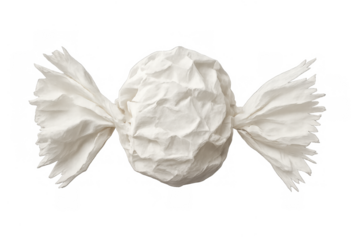 White crumpled paper wrapper covering a treat, with twisted ends, presenting a simple sweet on a transparent background