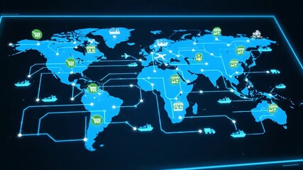 A global map with shopping carts, shop icons, and transport symbols overlayed, indicating distribution - Powered by Adobe