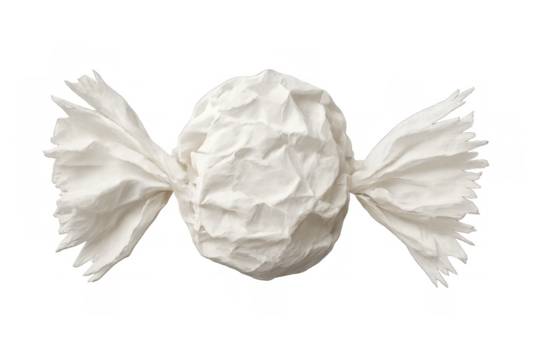 White crumpled paper wrapper covering a treat, with twisted ends, presenting a simple sweet on a transparent background