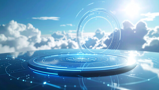 Digital Realm: A futuristic design featuring a circular platform against a backdrop of a bright sky and fluffy clouds. This design evokes the feeling of advanced technology.