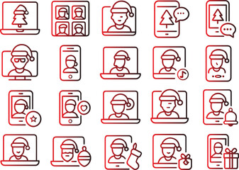 Line art illustration isolated on white background featuring people wearing santa hats on various devices, symbolizing virtual holiday gatherings