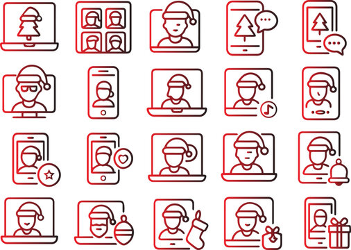 Line art illustration isolated on white background featuring people wearing santa hats on various devices, symbolizing virtual holiday gatherings