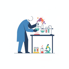 A scientist in a lab coat performing an experiment with glassware and a microscope.