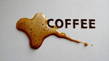 A coffee stain on a white surface with the word coffee written in a cursive style. Concept of warmth and comfort, as coffee is often associated with relaxation and socializing
