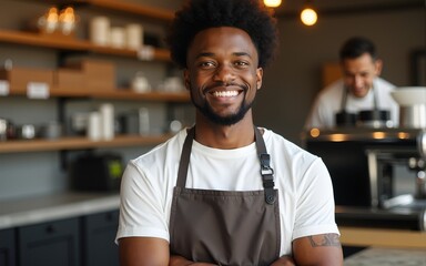 Smiling African American entrepreneur barista standing in a bright cafe. High quality