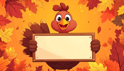 Festive Thanksgiving Turkey Holding a Blank Sign Amidst Autumn Leaves.