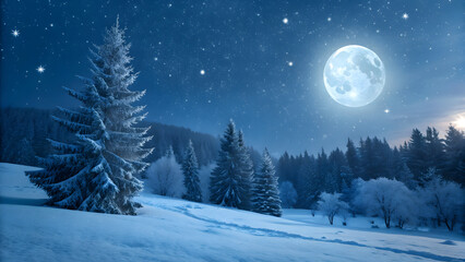 Magical Dark Blue Night Sky with Snowflakes, Full Moon, and Snowy Pine Forest