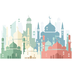 Colorful Islamic Mosque Skyline Silhouette Art.