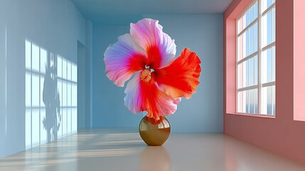 A flower vase with a large pink and orange flower in it sits in a room with a blue wall