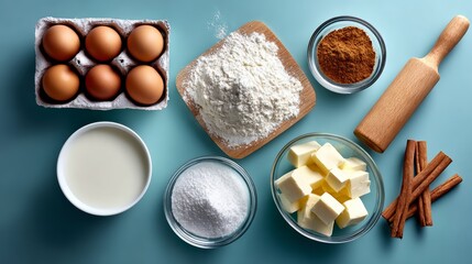 A variety of ingredients for baking, including eggs, flour, sugar, and butter. Concept of warmth and comfort, as these ingredients are often used to create delicious treats that bring people together