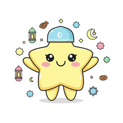 Cute Cartoon Star Character Wearing a Muslim Kufi Hat.