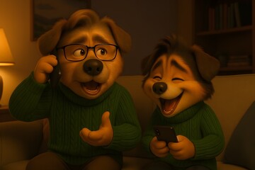 Cute 3D Dog Characters Laughing Together with Smartphones in Cozy Living Room