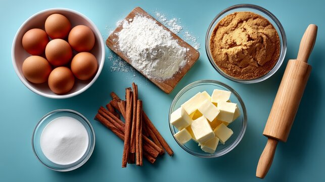A bowl of eggs sits on a counter next to a bowl of cinnamon sticks, a bowl of sugar, a bowl of flour, and a bowl of butter
