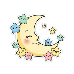 Cute Moon and Stars Illustration with Kawaii Faces.