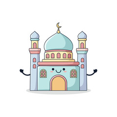 Cute cartoon mosque character with a happy smiling face illustration.