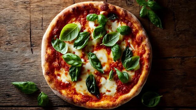 Wood‑fired pizza topped with mozzarella and basil on rustic table, steamy close‑up that sells hunger instantly, ideal for restaurants, delivery promos, and mouth‑watering social spots.