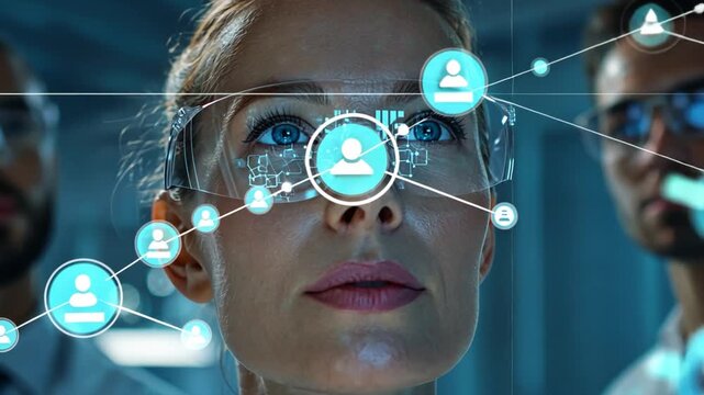 Visionary in Futuristic Tech: A focused scientist peers intently, futuristic tech illuminating their face and showcasing technological advancements.