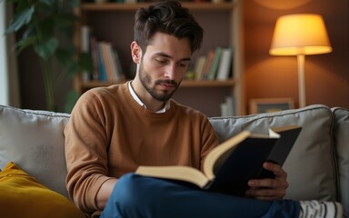 Young entrepreneur engrossed in personal growth literature while reading a book in a comfortable and inspiring environment. High quality