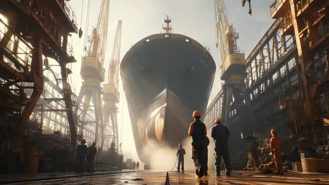 Maritime Marvel: A colossal vessel dominates the scene within a shipyard, surrounded by industrial cranes, as workers meticulously carry out their duties.