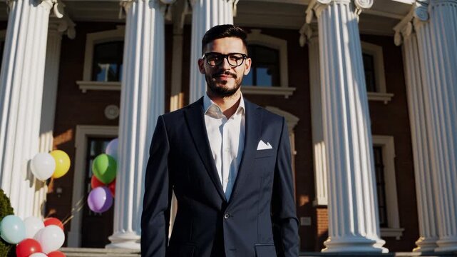Graduate student in business suit poses near building. Confident and happy young man holds balloons. Formal suit reflects business future of graduate student and confident young achiever