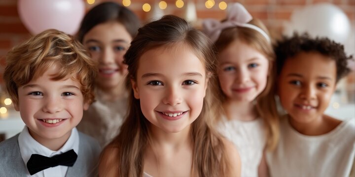 Group of happy diverse children smiling indoors at festive event