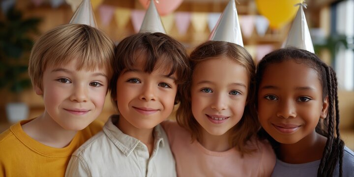 Four multiracial children smiling at birthday party with hats and banners in background - Powered by Adobe