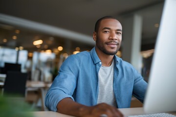 Obraz premium Young african male using computer in modern office setting