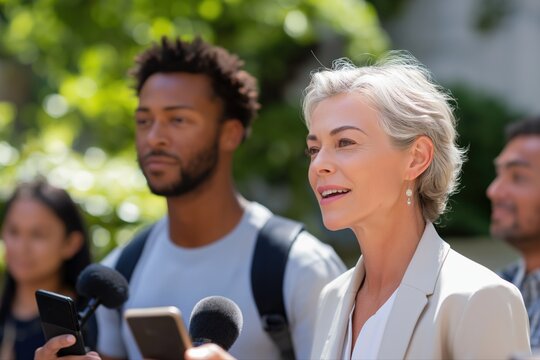 Confident mature caucasian female and diverse group at outdoor press conference