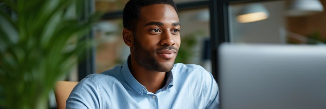 Young african male adult working on laptop in modern office environment