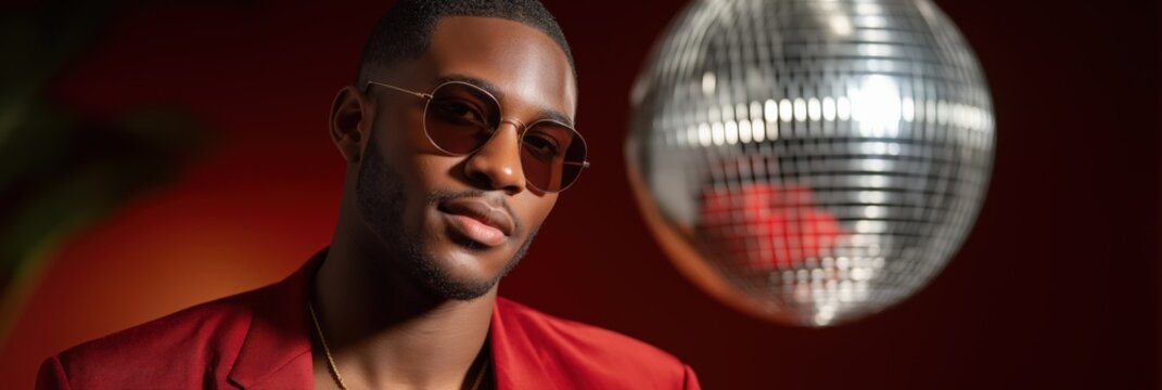 Stylish african male in sunglasses with disco ball against red background