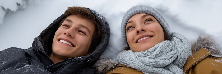 Young caucasian couple smiling in snowy winter landscape with warm clothing