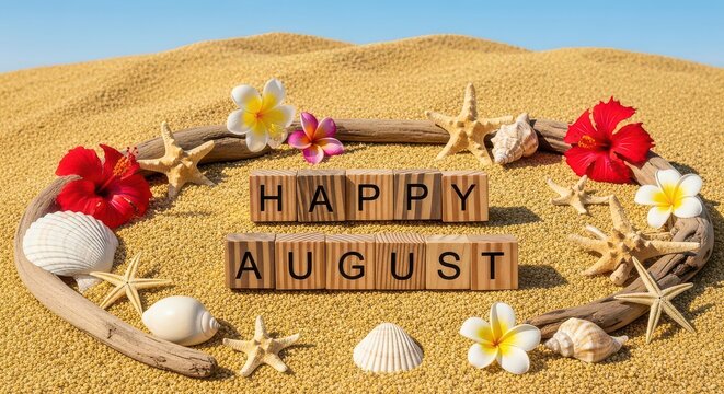 Happy august message with flowers and seashells on a sandy beach
