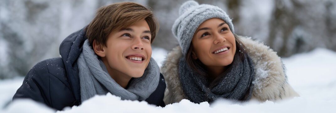 Young caucasian male and female enjoying winter snow in warm clothing - Powered by Adobe