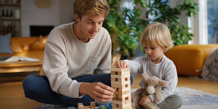 Caucasian father and son building tower with wooden blocks at home