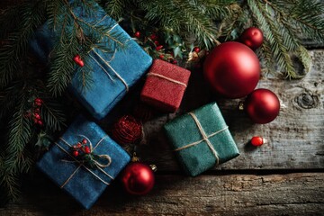 Overhead view of festive christmas presents wrapped in blue and green paper with red ribbon tied on rustic wooden background