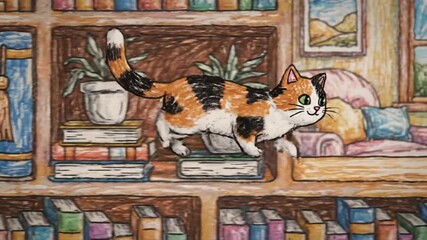 national doodle day playful calico cat explores library bookshelf