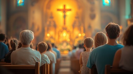People gathered in a church hall for a service, with a Catholic cross and stained glass windows softly illuminated in the background