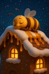 Cute cartoon bee resting on gingerbread house with honey dripping in a snowy night scene
