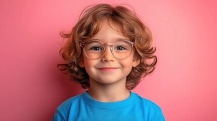 A joyful child with soft, curly hair and round glasses smiles happily while wearing a yellow shirt, set against a vibrant pink backdrop.