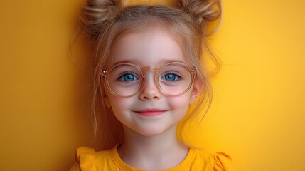 The child, with curly hair and playful glasses, beams with joy on a vibrant yellow backdrop, creating a lively and cheerful atmosphere.