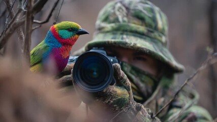 Avian Encounter: A wildlife photographer with camouflaged attire and focused gaze is about to capture a magnificent multi-colored bird. Capturing the beautiful moment.