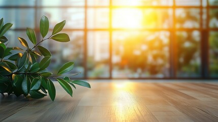 A contemporary office environment showcases a potted plant on a desk, illuminated by natural daylight, creating a serene workspace atmosphere.