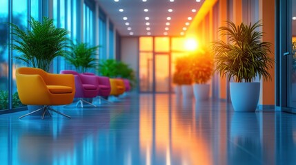 Modern bright office interior showcasing sleek furniture and abundant daylight, enhancing productivity and comfort during working hours