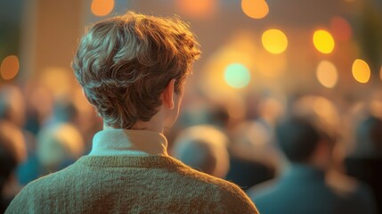 Audience engaged in a conference session, captivated by the speaker at a large event in a conference hall during the evening