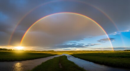A vibrant double rainbow arching across a cloudy sky over a lush green landscape with a winding waterway